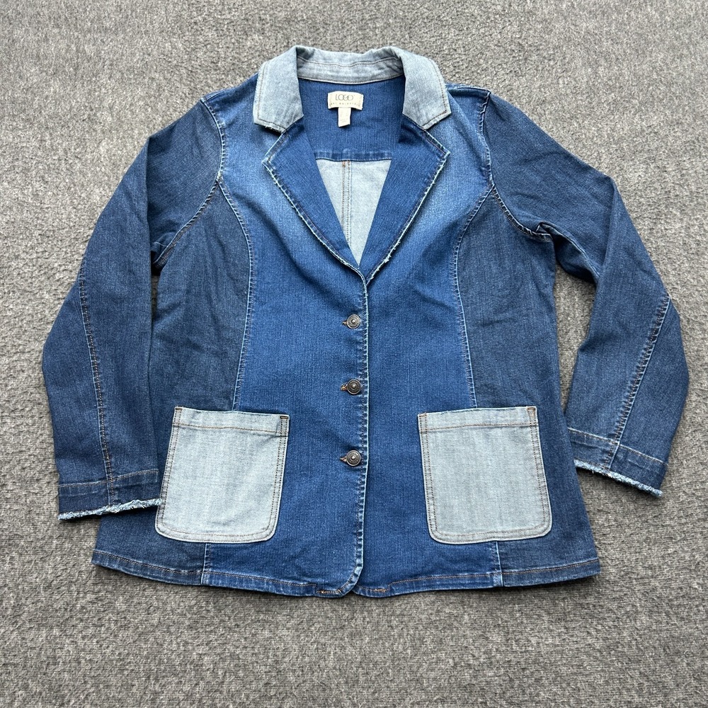 Logo Lori Goldstein Denim Blazer Jacket Patchwork 14 Boho Chic Workwear